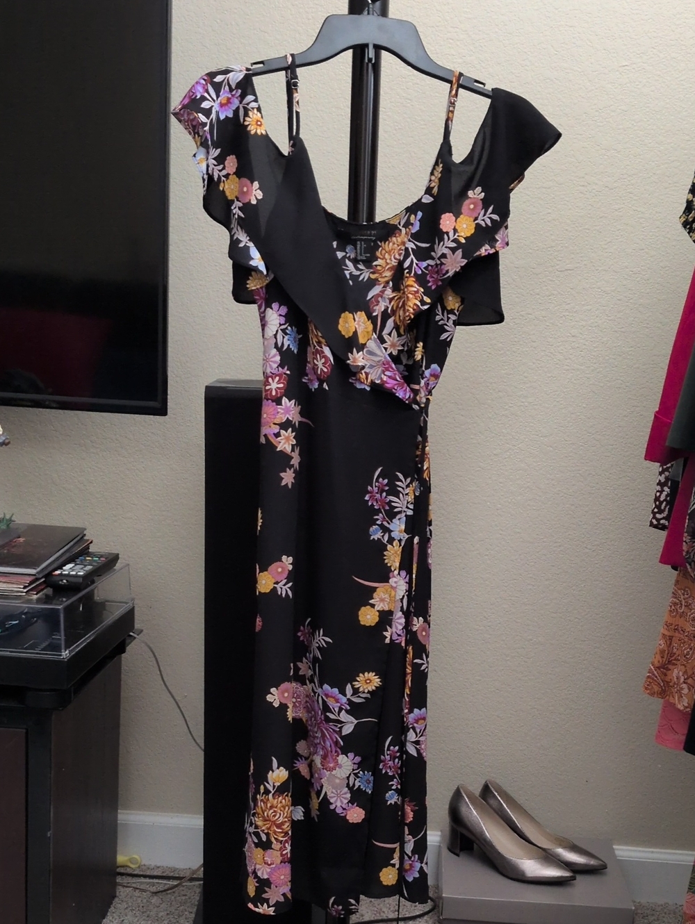 Floral Black Cold-Shoulder Wrap Dress